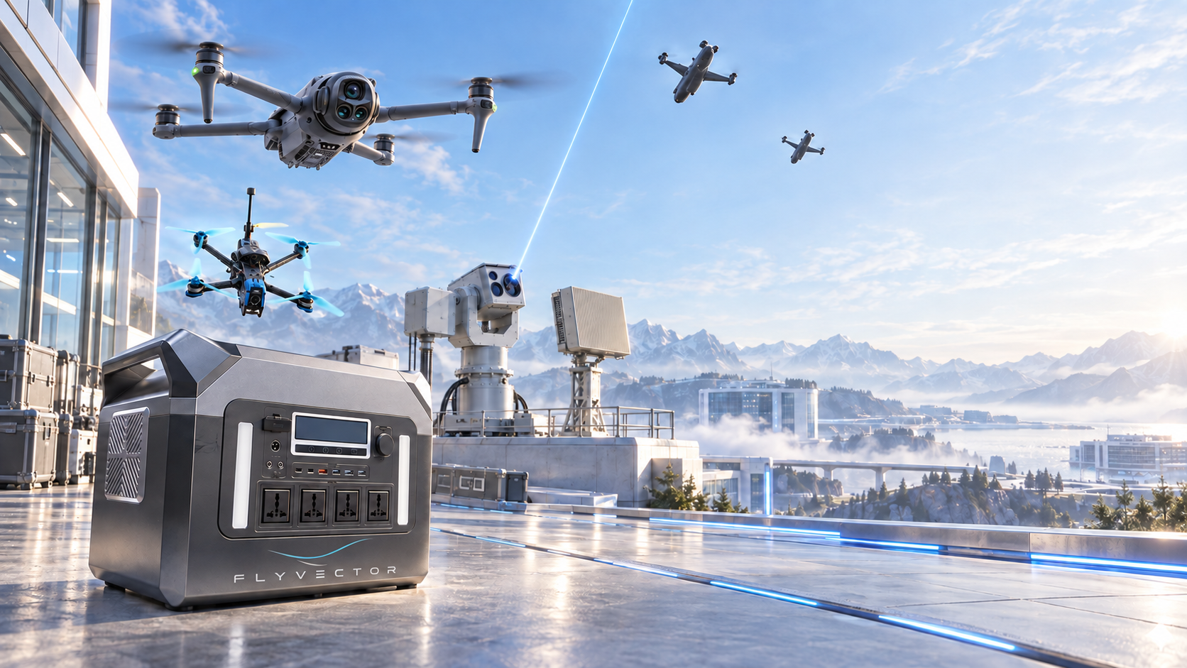 Футуристичная панорама FLYVECTOR: станция с фирменным логотипом, беспилотники и оборудование для контроля объектов